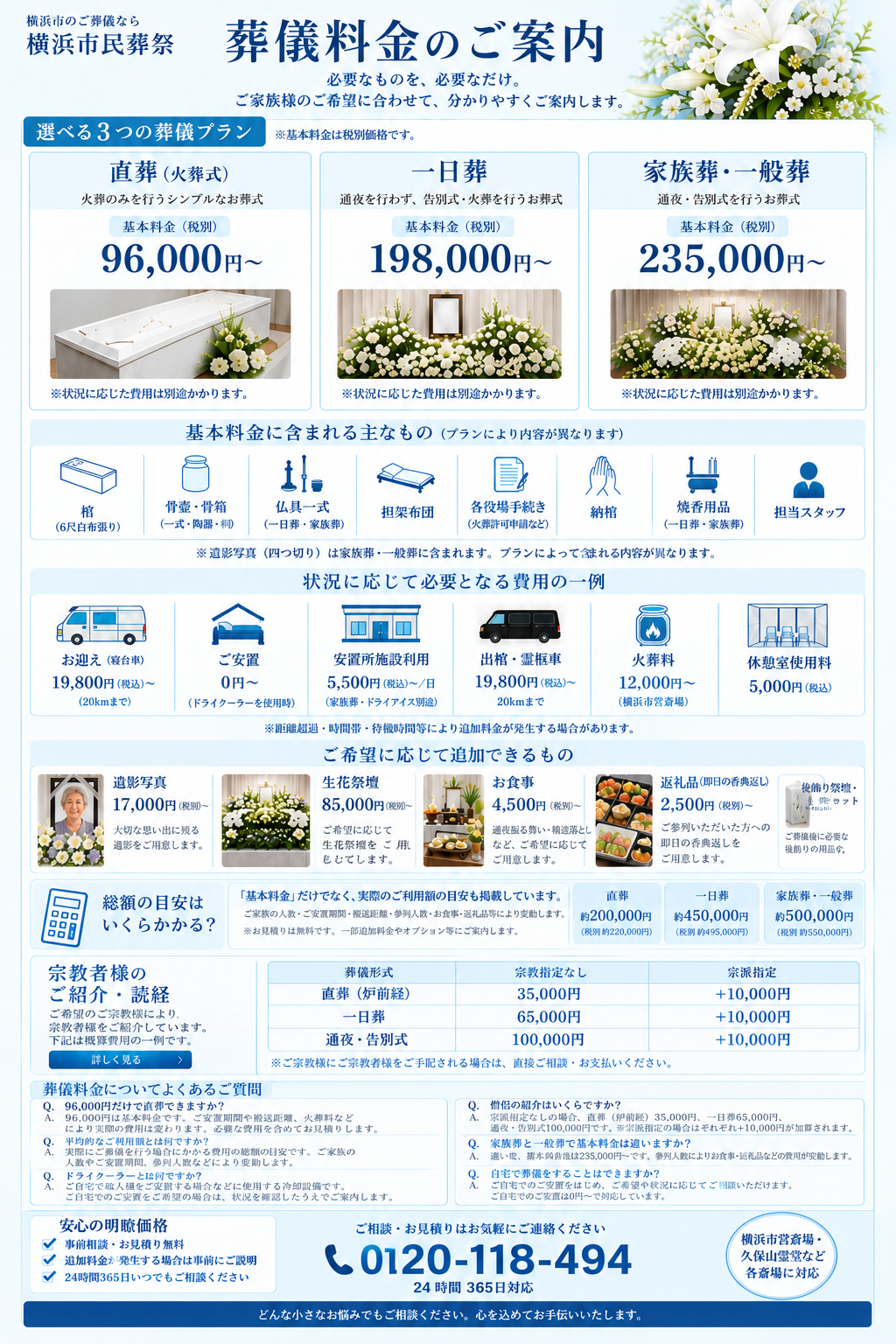横浜市民葬祭の葬儀料金のご案内。直葬96,000円から、一日葬198,000円から、家族葬・一般葬235,000円から。基本料金と実際のご葬儀費用の目安をご案内しています。